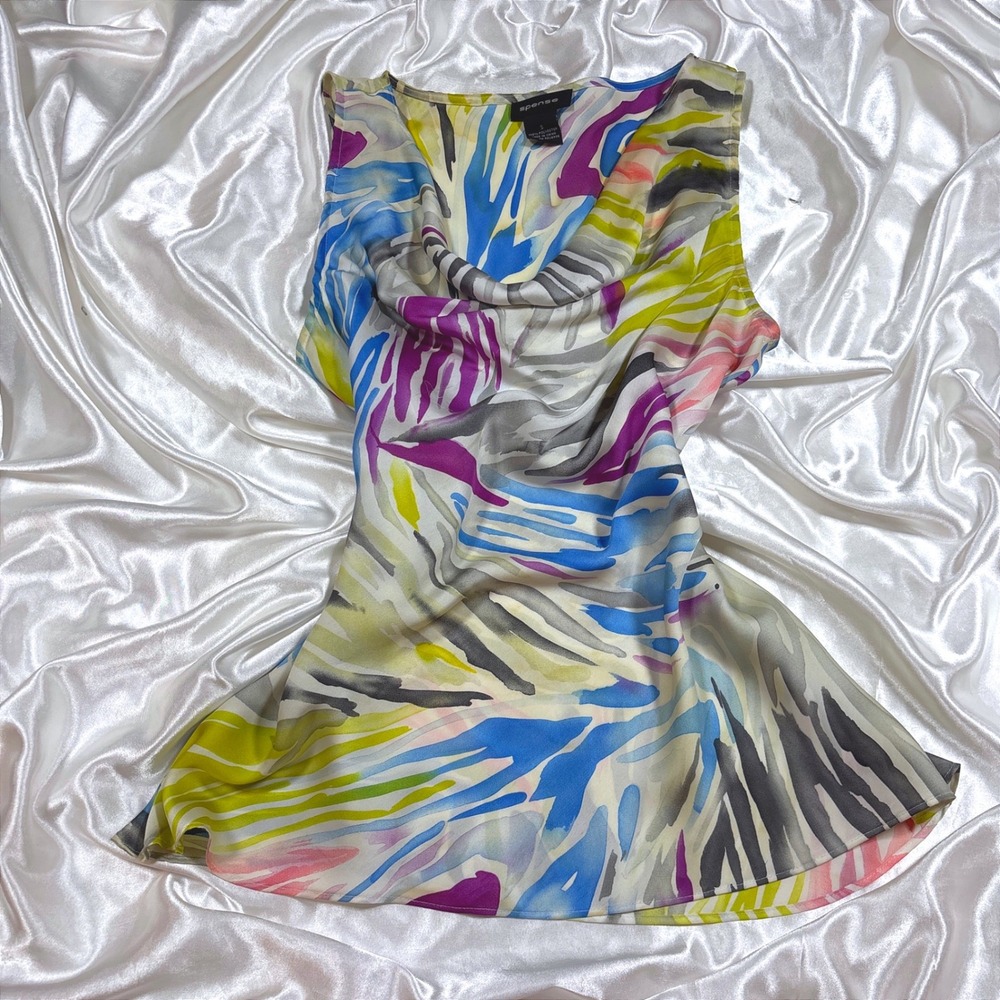 y2k Blouse Multi-Color Good Spense Abstract Print Cowl Neck Sleeveless Top S